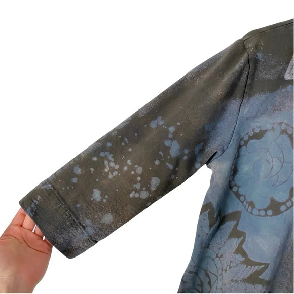 Handmade Stencil Tie Dye Jacket Womens Medium Tan Blue 3/4 Sleeve Cotton Knit - Picture 4 of 13